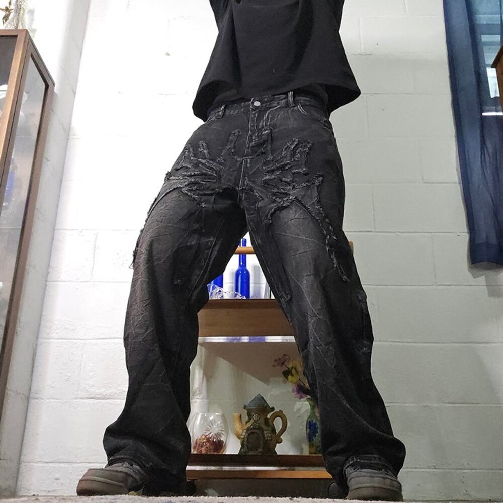 Gothic Embroidered Wide Leg Jeans Black W32 42in Inseam Good Condition
